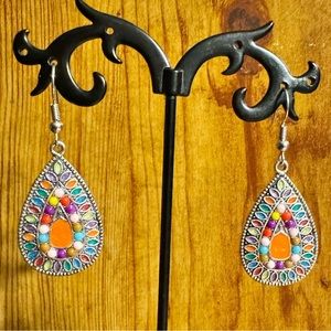 Colorful Silver Tone Teardrop Bohemian Dangle Earrings
